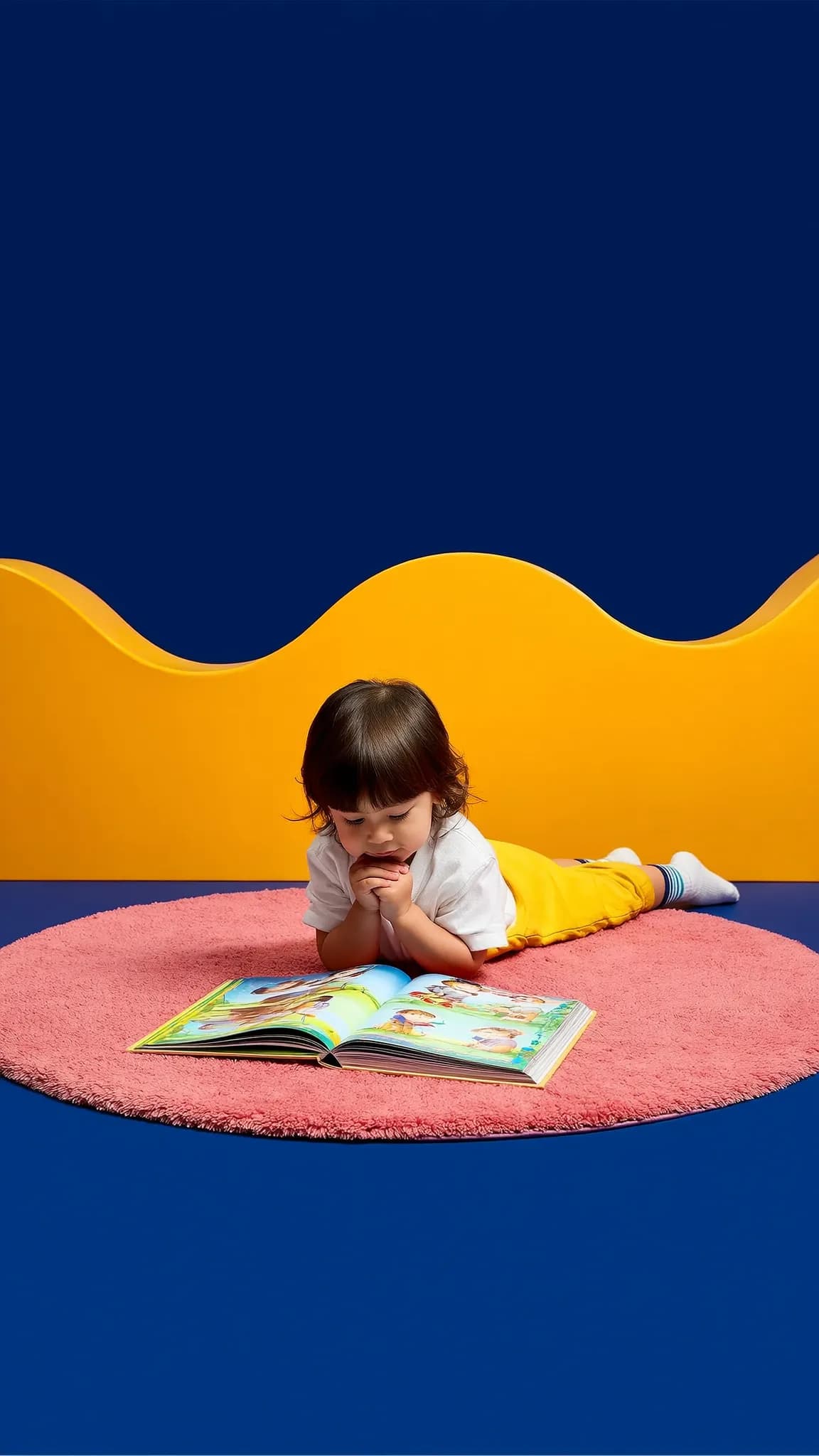A child reading a book on a round pink rug